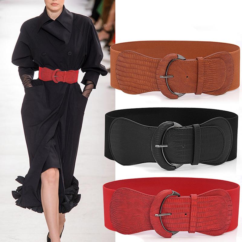 Womens Ladies Faux Leather Wide Stretch Elastic Buckle Cinch Waist Wide Belts