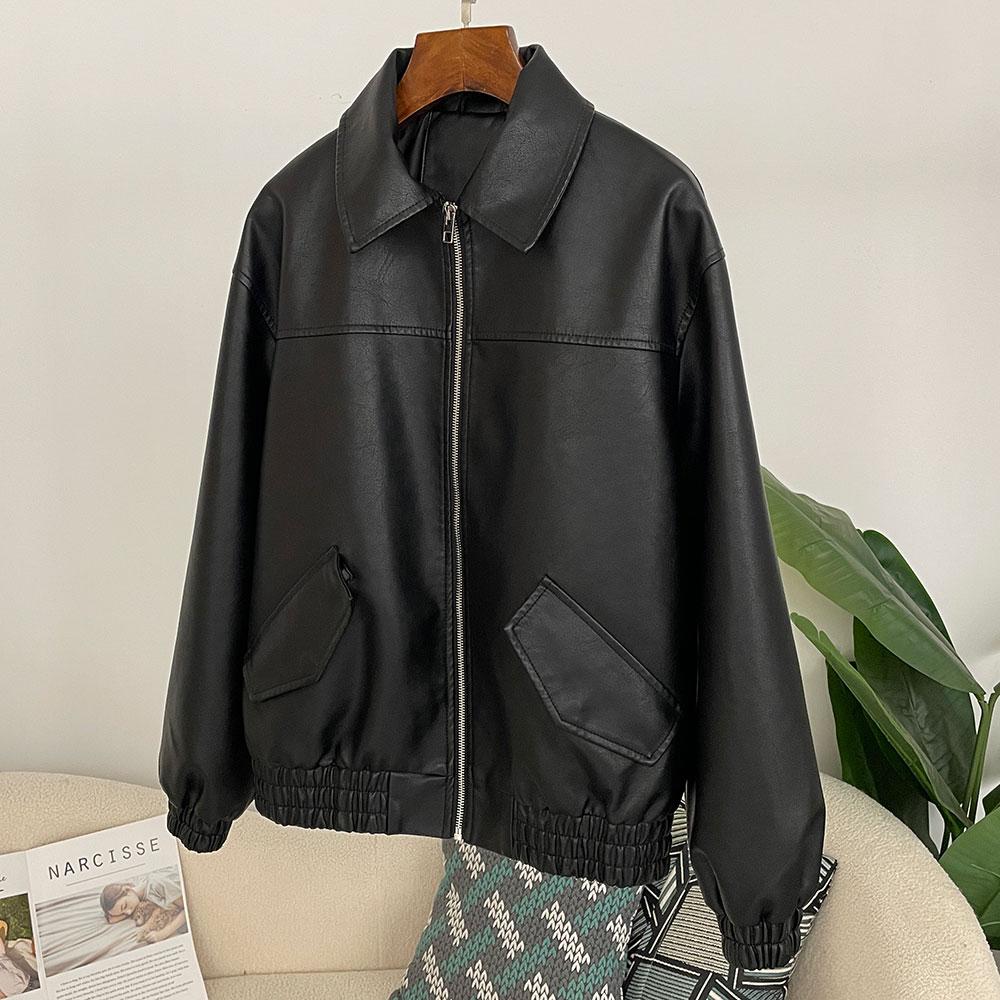 OFTBUY Women Vintage Loose Pu Faux Leather Short Jacket with Belt Motorcycle Jacket Female Zipper Retro Moto Biker Coat Outwear Tops