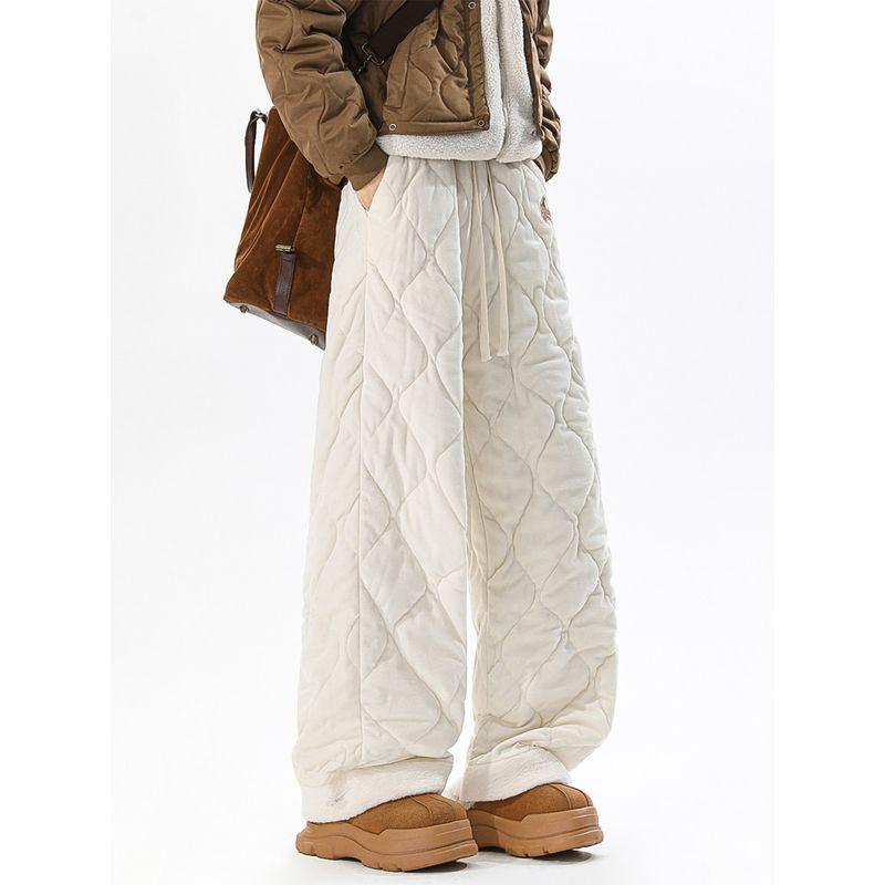 Мужские стеганые теплые хлопковые брюки в американском стиле, зимние брюки прямого кроя с вышивкой таксы, винтажные свободные повседневные брюки на флисовой подкладке