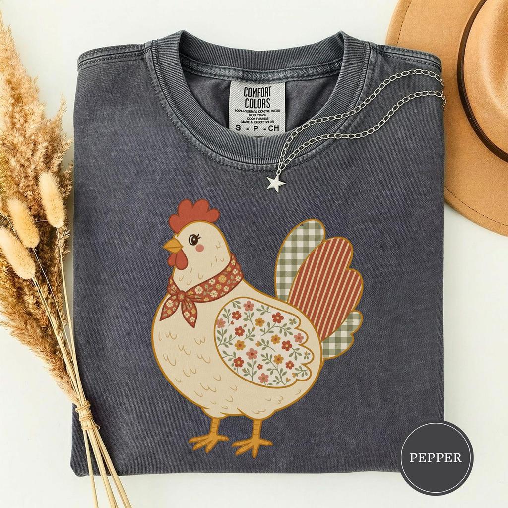Ditsy Floral Plump Hen Tee, Cottagecore Chicken Art, Cute Hen Lover Gift, Farm Bird Tee, Fall Tee, Autumn Tee, Cozy Fall Tee, Fall Gift