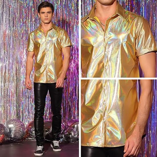 Мужская блестящая металлическая рубашка с коротким рукавом, рубашка с лацканами на пуговицах, сверкающая диско