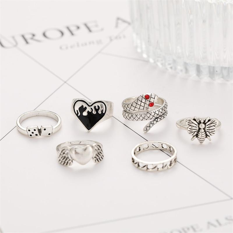 Винтажный готический набор колец Goblincore, уникальное серебряное кольцо с сердечком, бабочкой и змеей, сказочные аксессуары в стиле гранж, ювелирные изделия в стиле панк, хип-хоп, Y2k