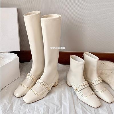 Второй волос! Туфли Су Иньинь, квадратный носок, заклепки, задняя молния, эластичные сапоги средней высоты, женские тонкие короткие сапоги