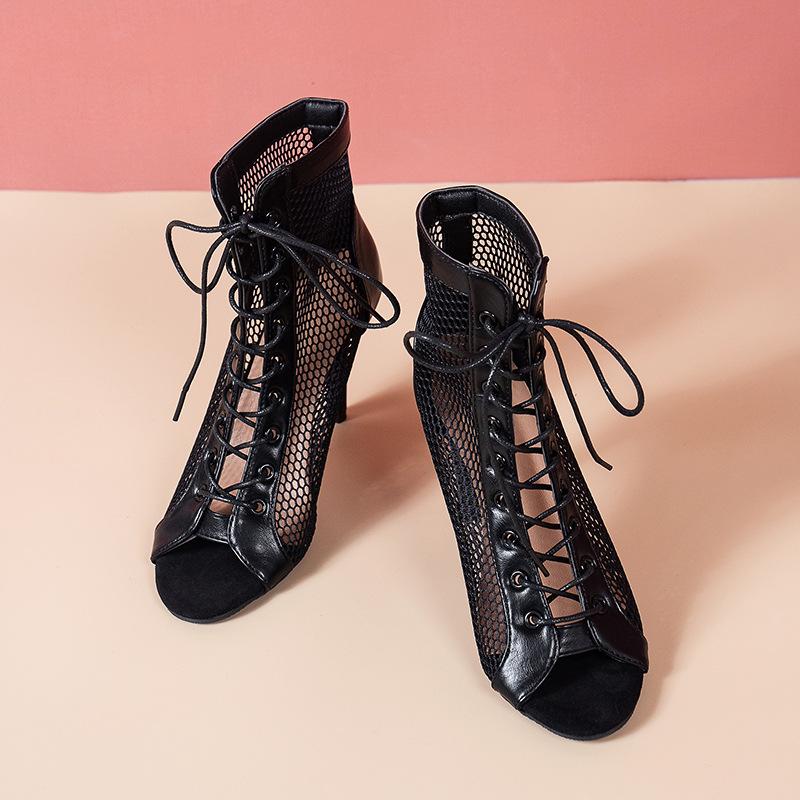 Модные босоножки на каблуках со шнуровкой 9 см женская обувь лето 2024 тренд черные сексуальные ботинки с открытым носком модные тканевые туфли на шпильке джазовые танцевальные женские