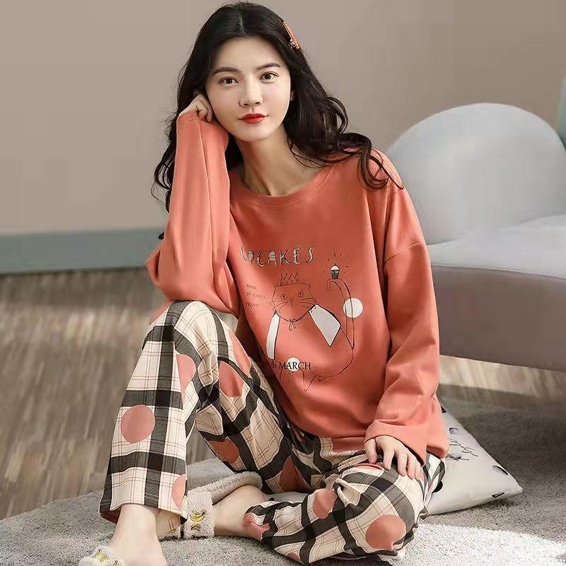 Plus Size Women's Korean Style Winter Pajamas Set, Long Sleeve Loose Fit Two-Piece Homewear, Casual Loungewear Suit for Indoor & Outdoor Wear