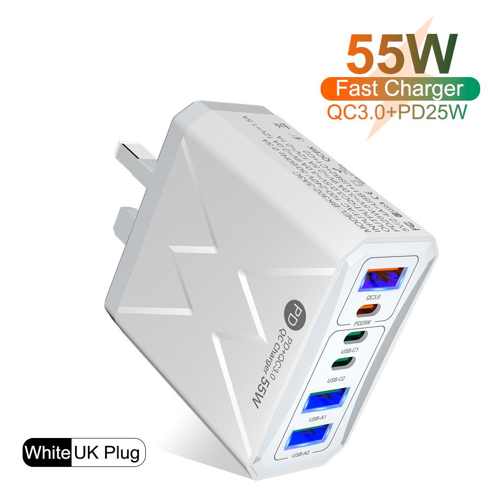 Быстрое зарядное устройство PD 25 Вт на 6 портов: 3 USB, 3 PD 55 Вт с QC3.0 – Штекеры EU, UK, AU