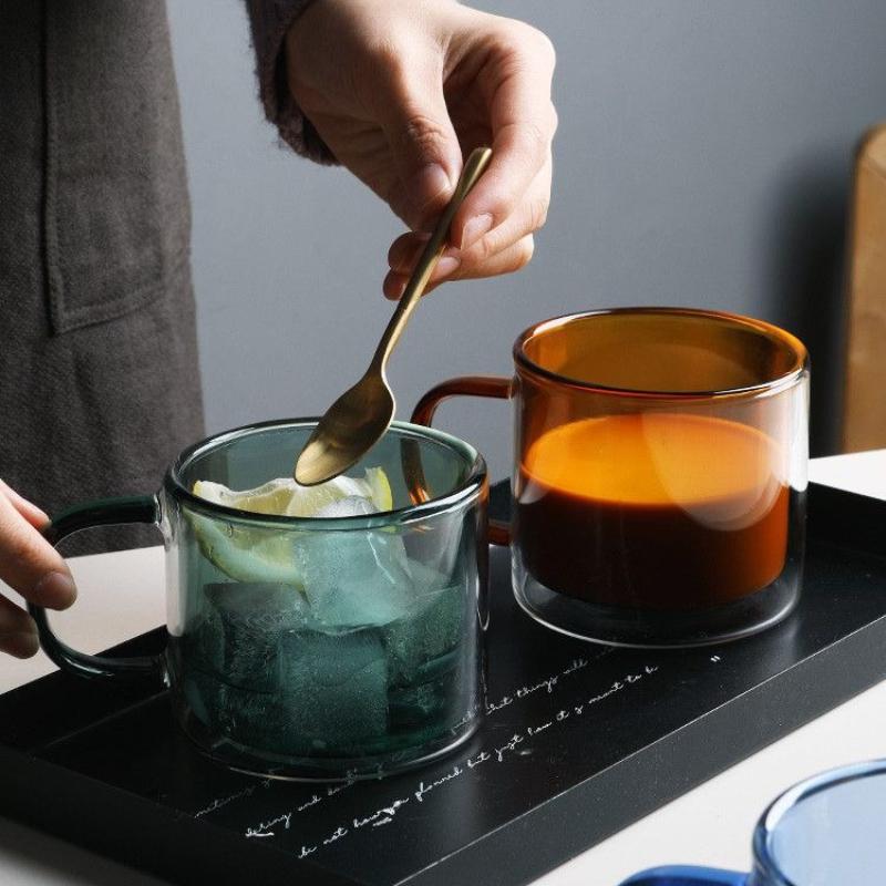 1PC Double-layer Colored Glass Cup Household Glass Beverage Juice Milk Tea Office Desk Light Color Transparent Tea Cup