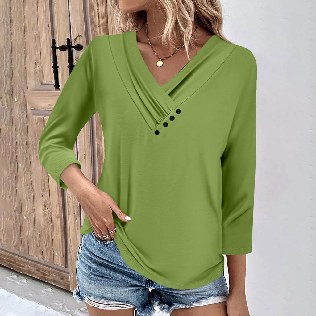 Womens 3/4 Sleeve Daily Weekend V Neck Casual Printed Tshirts Loose Fit Pleated Tees Ladies Blouse