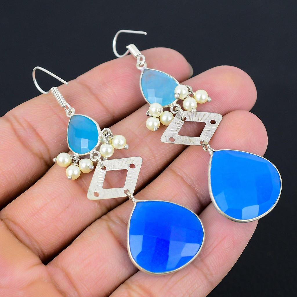 Предложение ко Дню дружбы Натуральный голубой халцедон Стерлинговое серебро Подвесные серьги Бохо