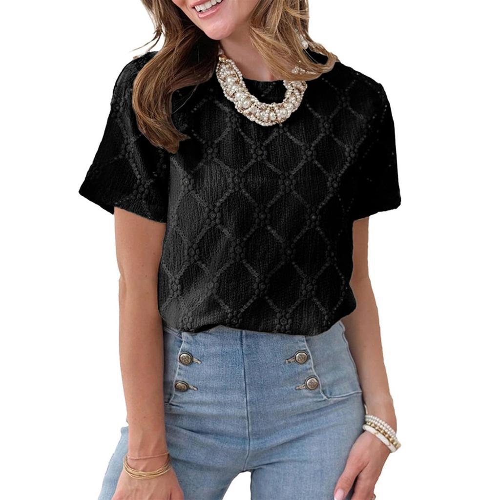 Women's Fashion Solid Color Round Neck Short Sleeved Pullover T-shirt Top