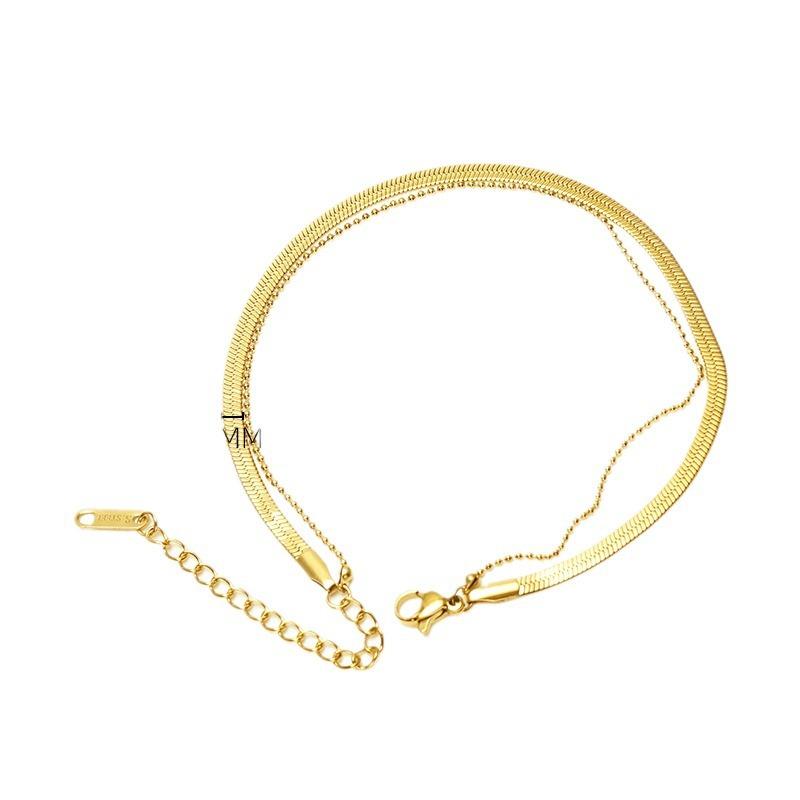 Новый простой браслет на лодыжку из змеиной кости, двухслойный, из титановой стали, женский, универсальный, из 18-каратного золота, из нержавеющей стали, украшение для ног