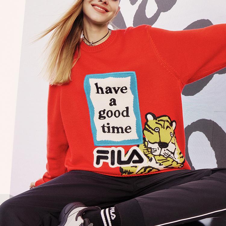 Fila Год Тигра Лимитированная серия Логотип Буквы Жаккард Спортивный Свитшот с Круглым Вырезом Унисекс Свитшот Легендарный-Красный F11U219403F-RD