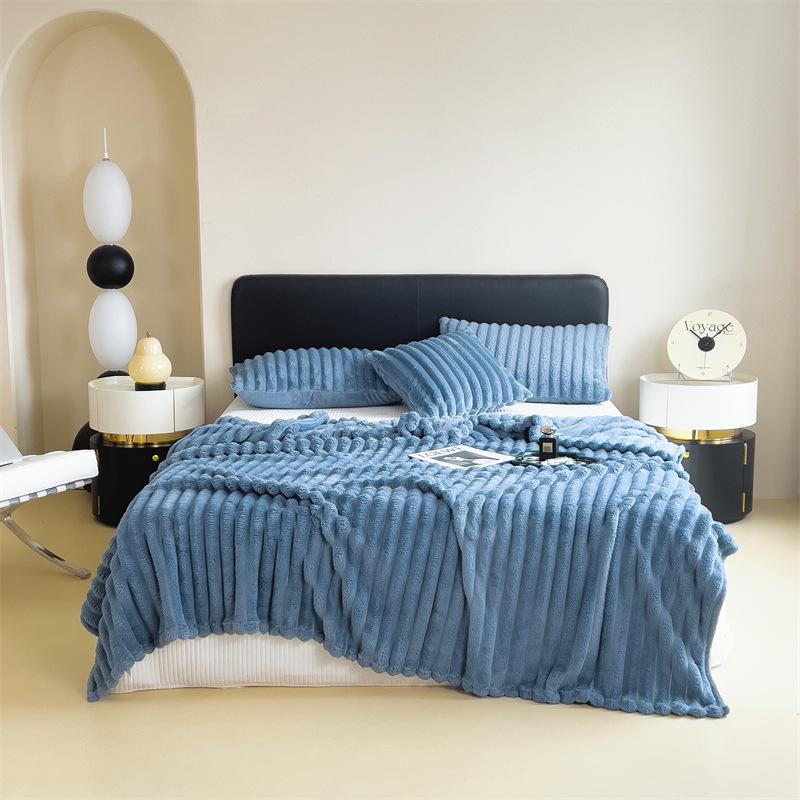 Плюшевый плед из молочного бархата с полосками однотонного цвета - Мягкая фланелевая наволочка, Доступен в односпальном и двуспальном размерах