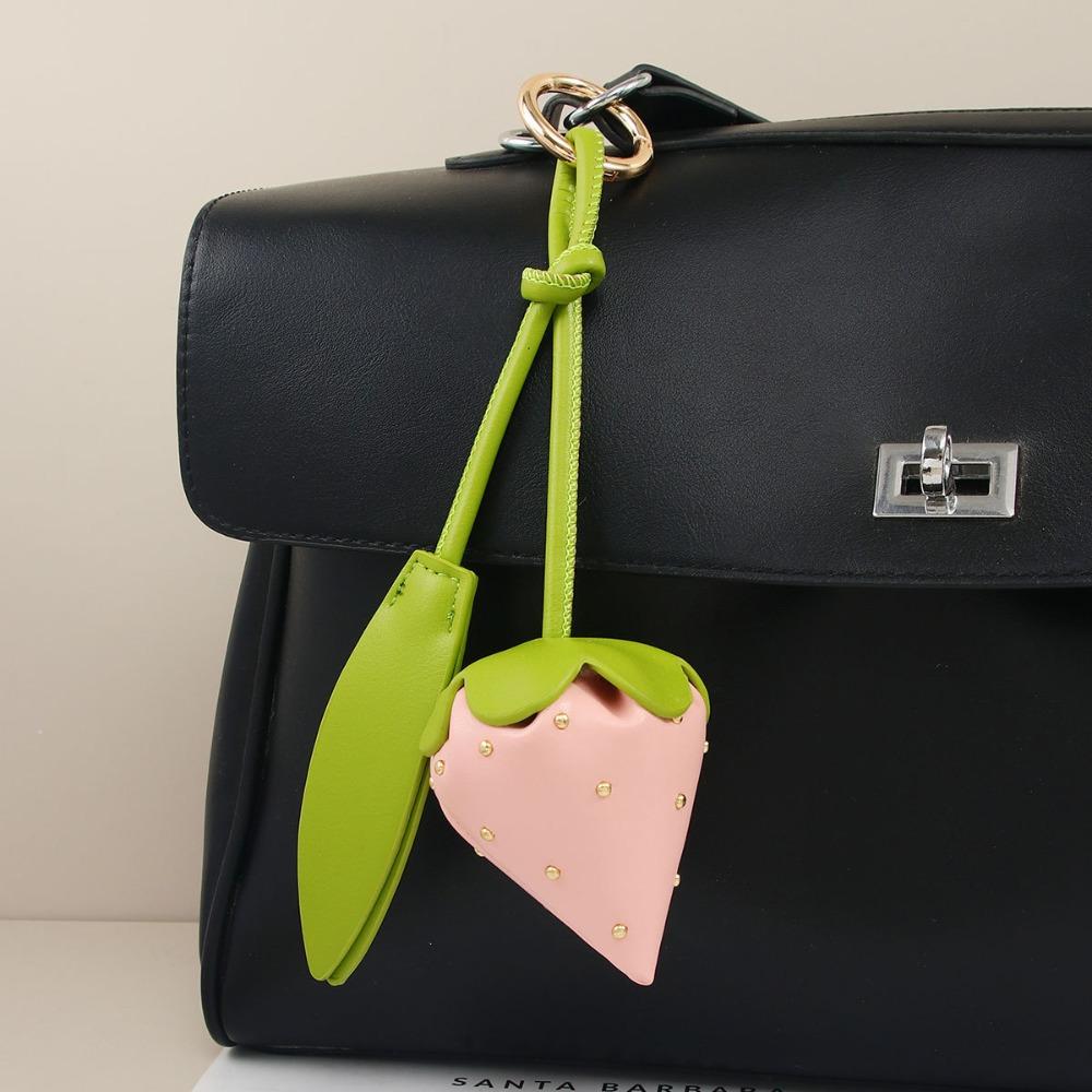 Woven Flower Strawberry Bag Pendant Braided Rope Fruit Keychain Lovely PU Leather Pendant Women