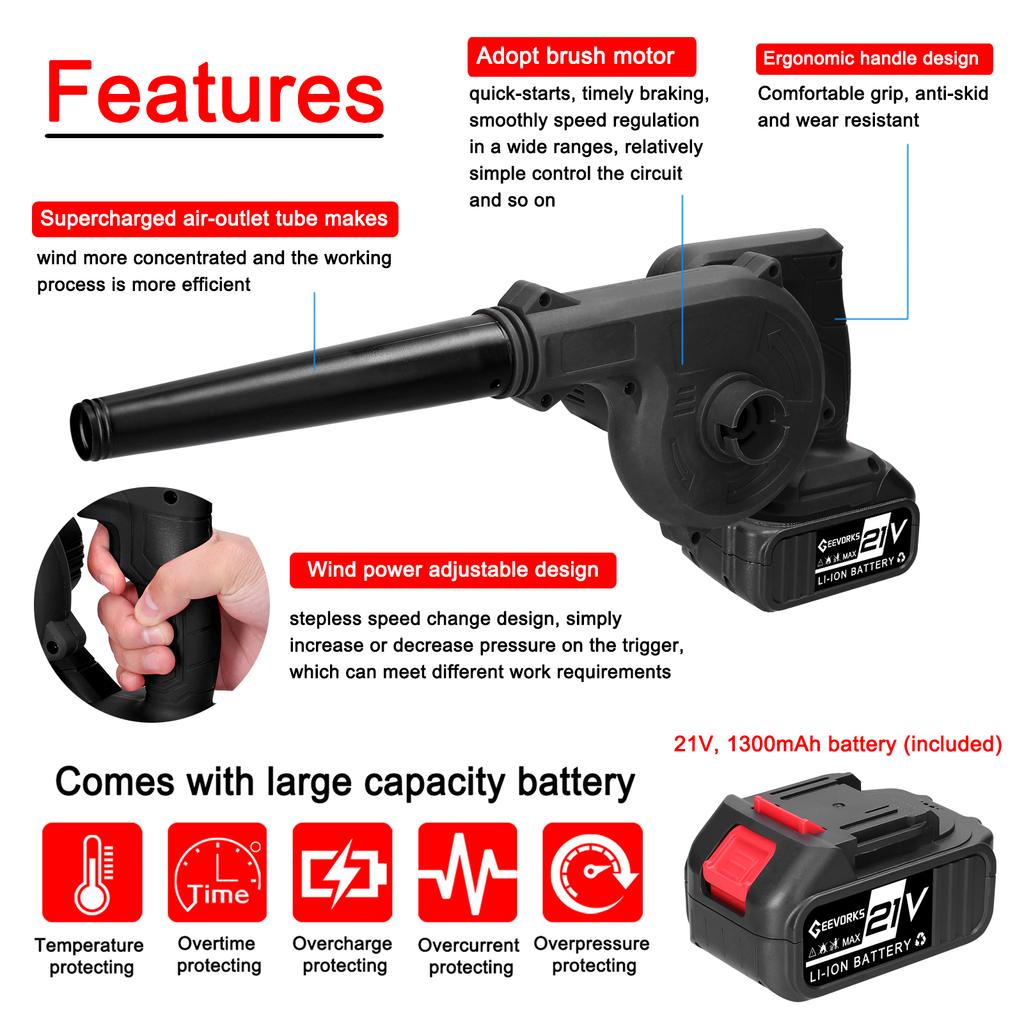 Портативный электрический воздуходув с мощным двигателем и бесступенчатой регулировкой скорости
