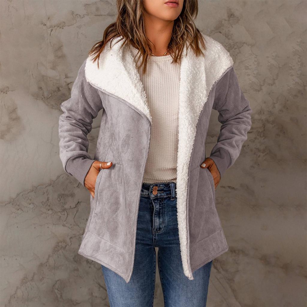 Women's Casual Solid Color Loose Plush Large Lapel Jacket With Pockets