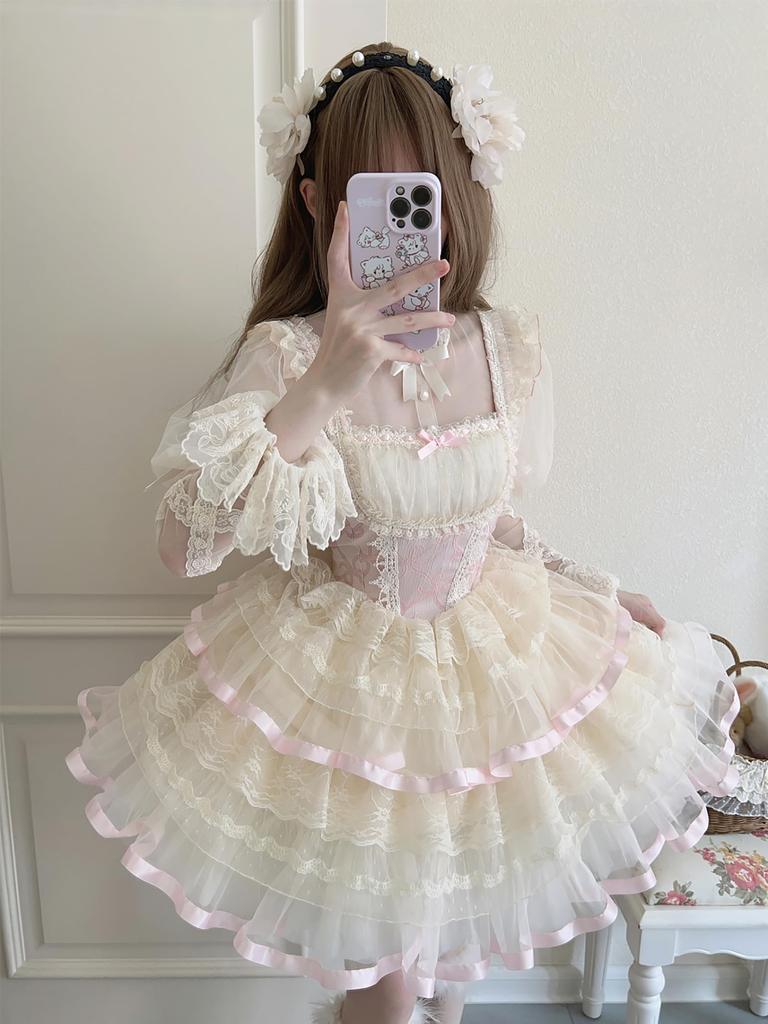 XHSUKADO Lolita JSK Платье-сарафан с Мечтательным Милым Готическим Лолита Нарядом с Оборками и Принцессой Мори Девочкой Лолита Идол Размер M Лента, Женское
