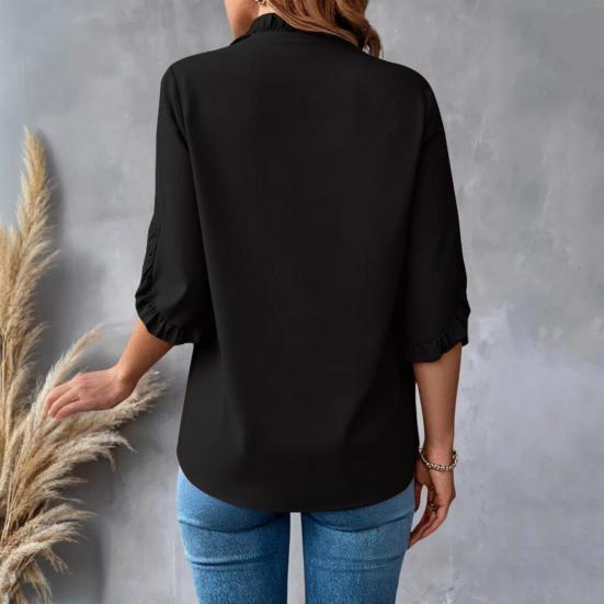 Женская рубашка с V-образным вырезом, оборками, рукавами-лепестками, однотонные топы свободного кроя, повседневная офисная дорожная рубашка