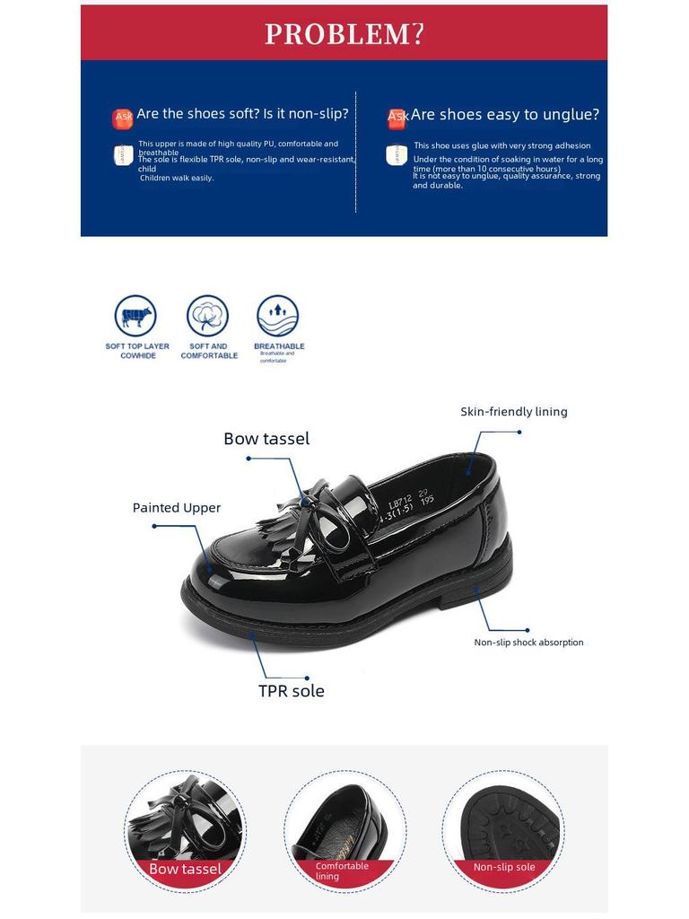 Girls' British Style Black Leather Princess Shoes with Soft Soles for Spring and Autumn