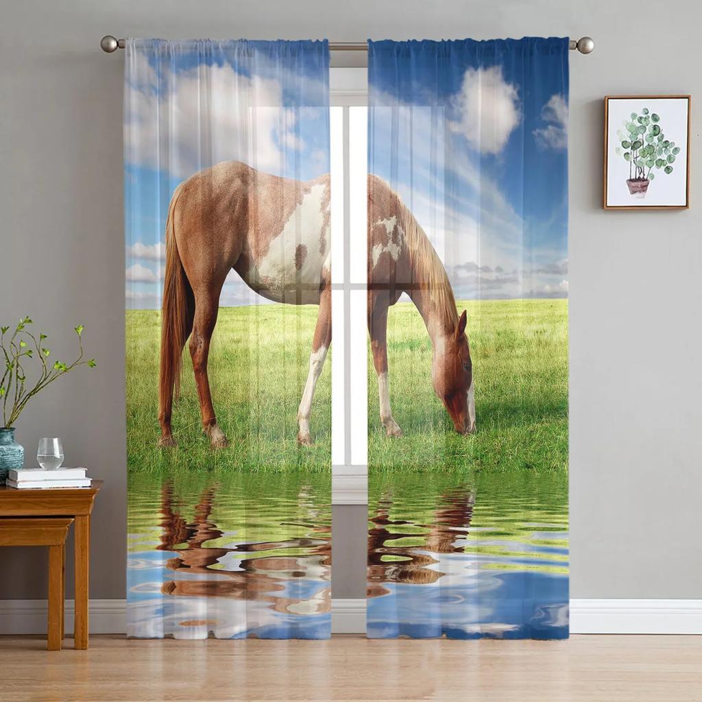 Running Horse Animal Sheer Curtains Living Room Window Tulle Curtains For Bedroom Kitchen Home Decoration Voile Drapes