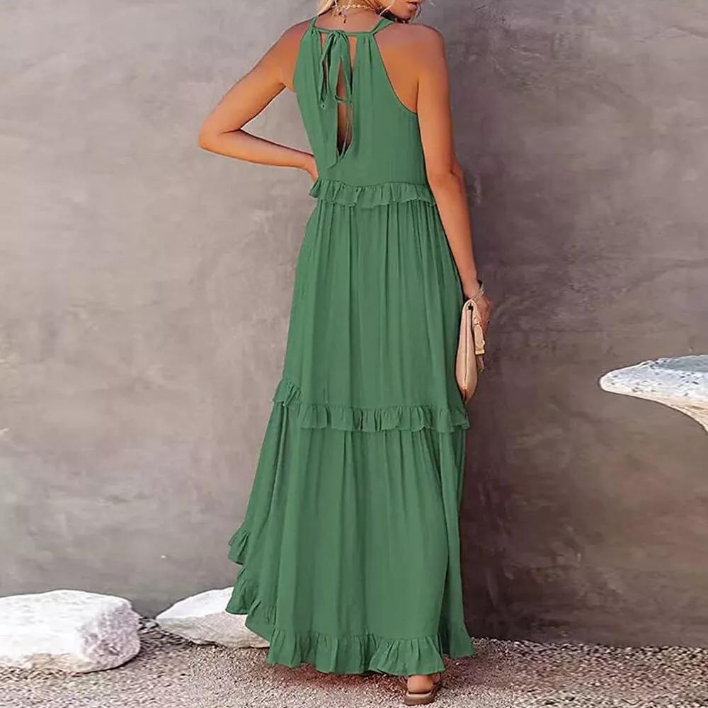 Женское длинное платье макси в стиле бохо с рюшами, летний праздничный пляжный сарафан без рукавов