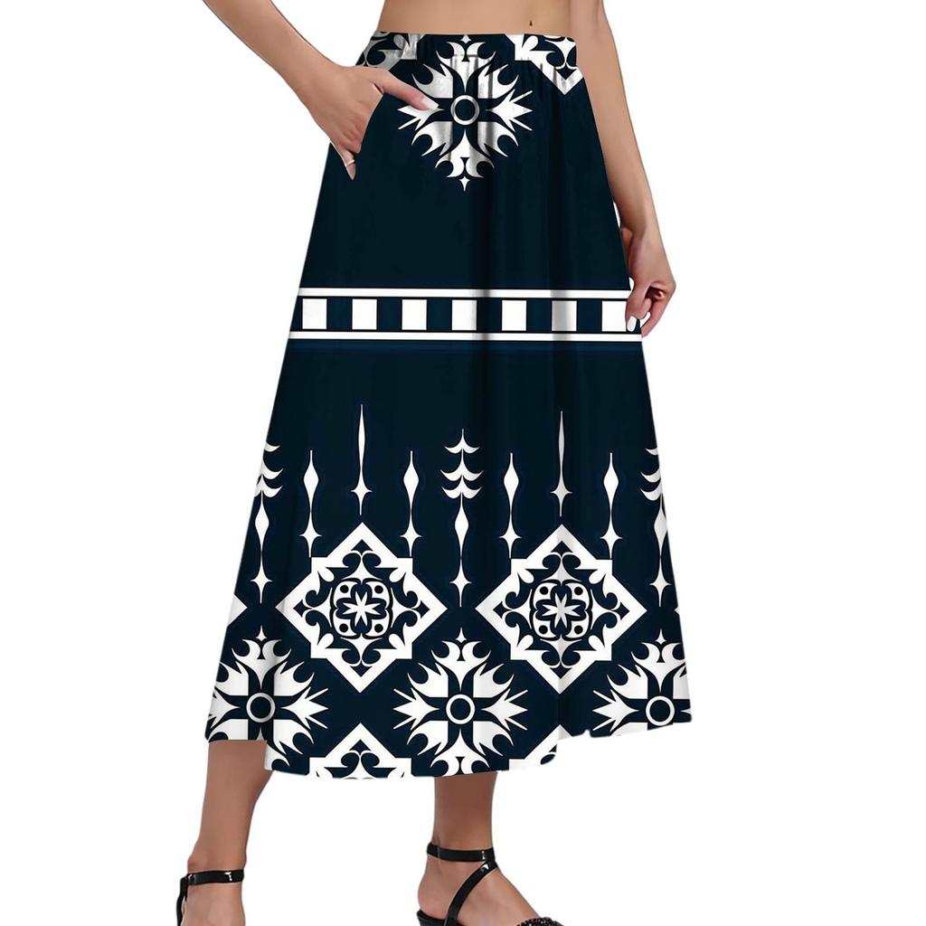 Ladies Casual Fashion Printed Skirt Elasticated Loose Pocket Pleated Half-body Skirt (With Side Pocket)