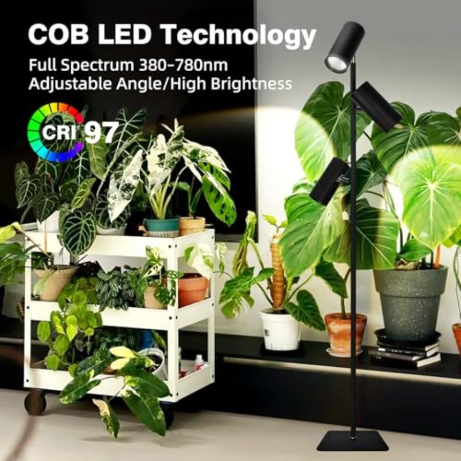 90 Вт Диммируемый Полноспектральный COB LED Тройной Напольный Светильник для Выращивания с Высоким CRI, Таймер 6/8/12ч, Регулируемая Высота 43-83°, Угловая Стойка