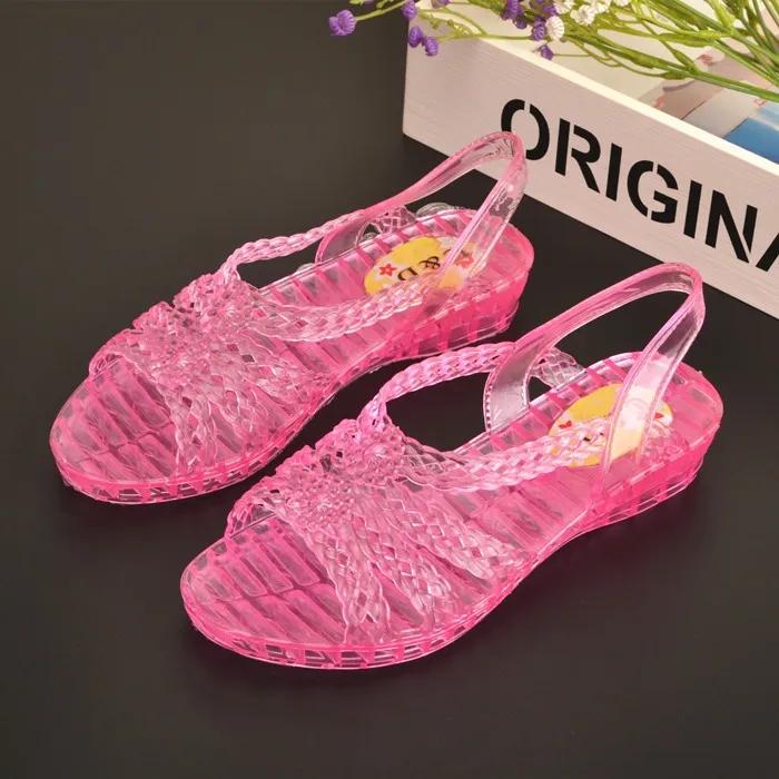 Летние сандалии с кристаллами. Прозрачные пластиковые сандалии на толстом каблуке. Женская нескользящая пляжная обувь на танкетке.