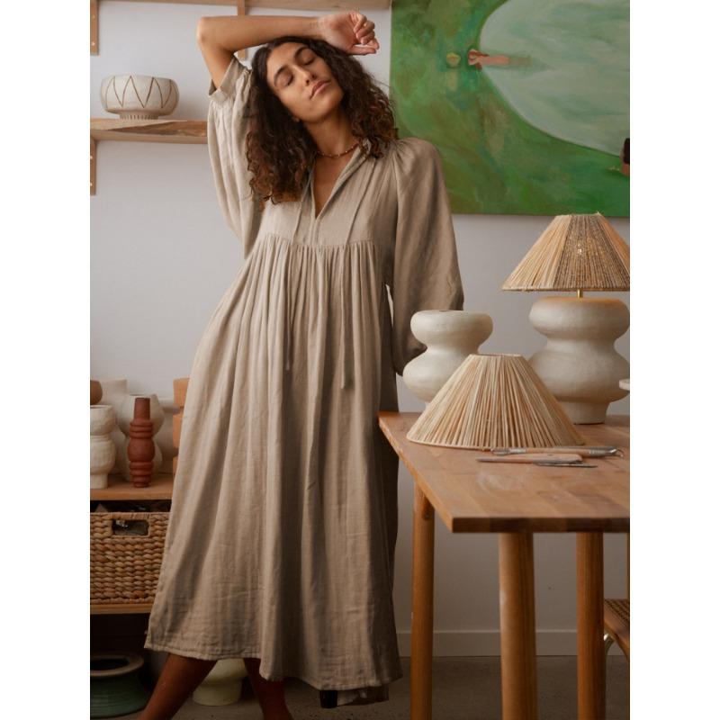 Autumn Women's Dress Big Size Loose Long Sleeve Lantern Sleeve Casual Vintage Solid Color Long Dress