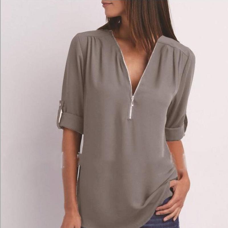 Рубашка с v-образным вырезом на молнии, женская футболка большого размера с длинными рукавами, свободная шифоновая рубашка
