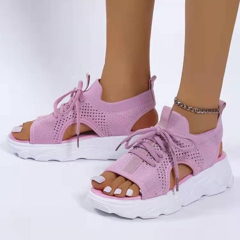 Женские вязаные спортивные сандалии с открытым носком, шнуровка и вырез, удобные сандалии на платформе с открытой пяткой