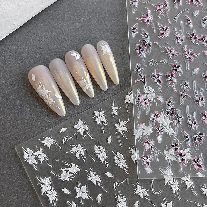 Наклейки для ногтей с рельефными цветами, темные градиентные розовые цветы, светлый роскошный стиль, клейкая основа, украшение для ногтей, маникюрный салон
