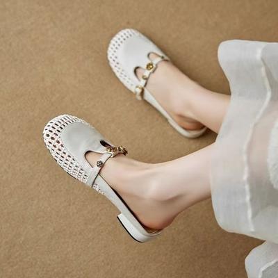 2025 Французское плетение Ажурный Дышащий Натуральная кожа Носок Женские Туфли на высоком каблуке Т-образный ремешок Полушлепанцы Резиновая подошва Базовый тип
