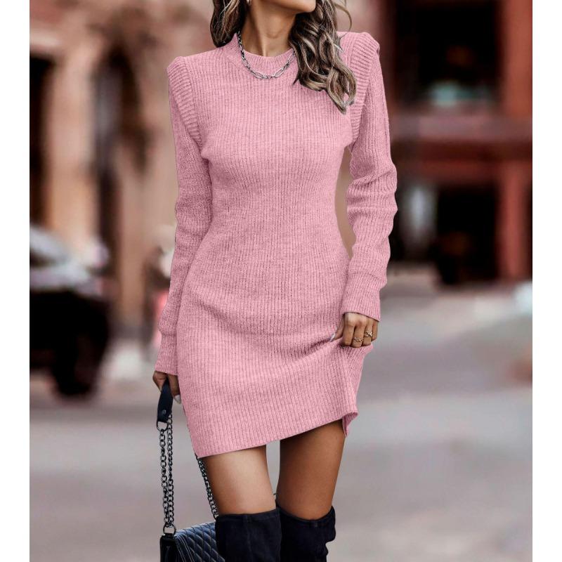 Autumn and Winter Women's Sweater Dress Solid Color Round Neck Long Sleeve Wrap Hip Sweater Dresses