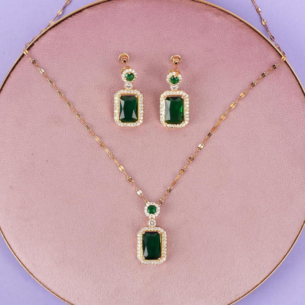 Anti Tarnish Green Emerald Jewellery Set for Women | Gold Plated Necklace & Earrings Gift Box | Latest Stylish Minimal Jewelry Sets