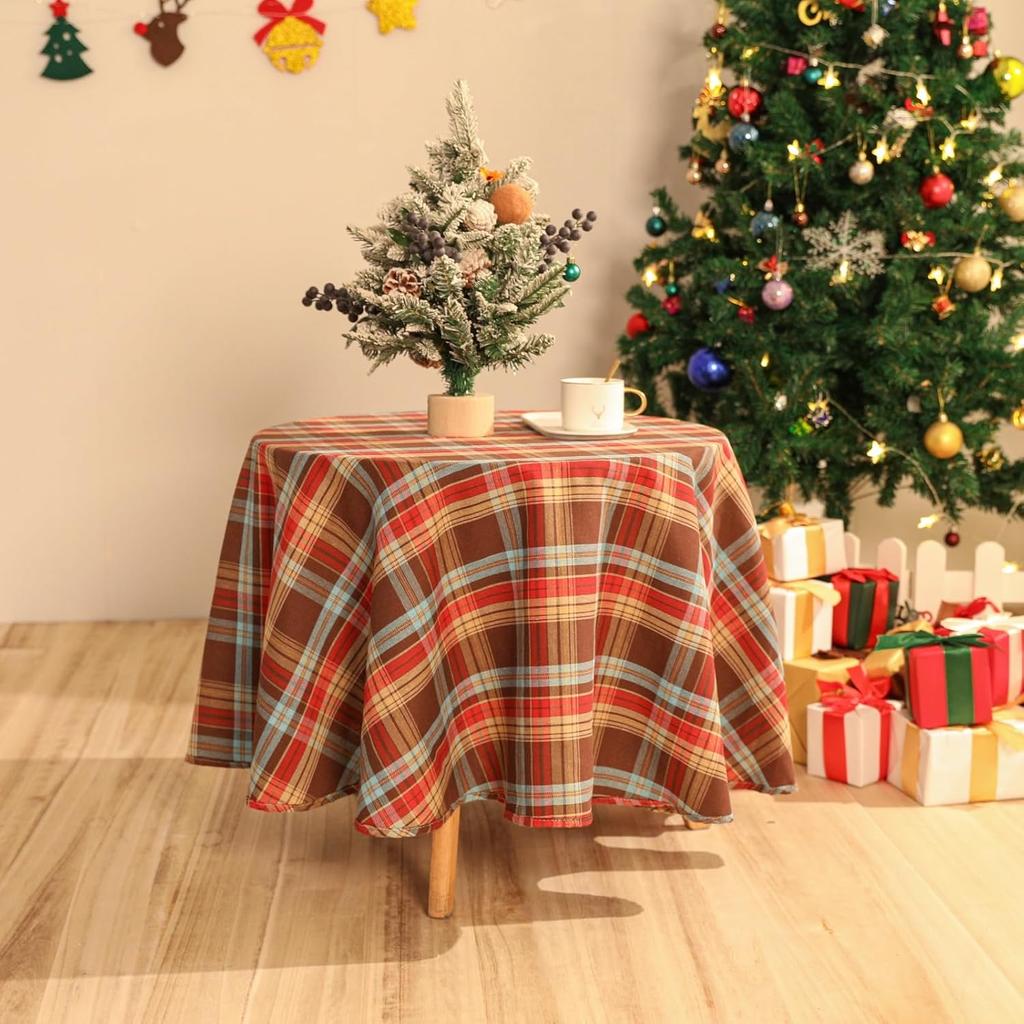 Christmas Decoration Round Tablecloth Green Plaid Table Cover for New Year Family Gather Restaurant Party Dinner Home Xmas Decor
