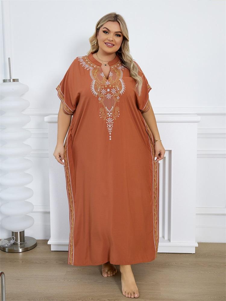 EDOLYNSA Embroidered Women's Batwing Sleeves Kaftan Caftans Fashion Holiday Moo Moo Dresses Loose Cozy Lounge Wear House Dress Wrap Q1653