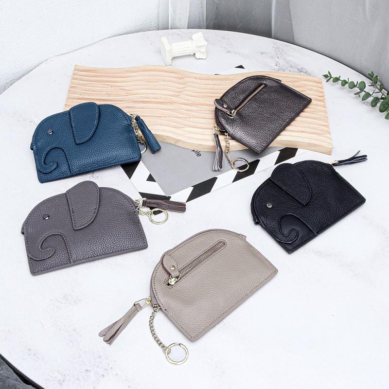 First-layer Cowhide Women's Change Purse Japanese Elephant Creative Tassel Zipper Bag Genuine Leather Key Coin