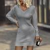 Женское модное повседневное однотонное платье-свитер с v-образным вырезом, свободное вязаное платье с длинными рукавами