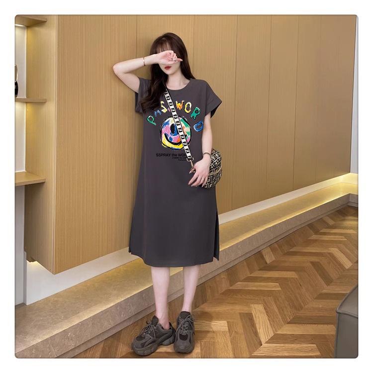 Женское модное свободное корейское платье-футболка, летнее платье Fat Mm с коротким рукавом выше колена, длинное повседневное платье с разрезом