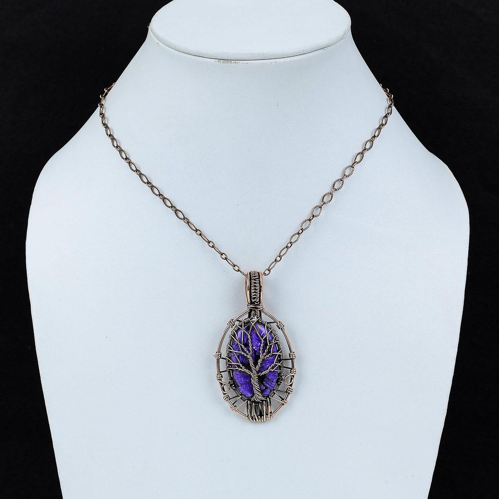 Медный кулон с чароитом, кулон Древо жизни, кулон, обернутый медной проволокой, кулон ручной работы, замечательные медные украшения для подарка, кулон с драгоценным камнем