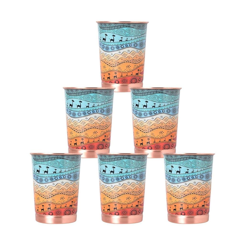 Copper Printed Design 250ML Water Glass with Rust Proof Protection for Home and Office Use Ayurveda and Yoga Health Benefits Glass Set of 6