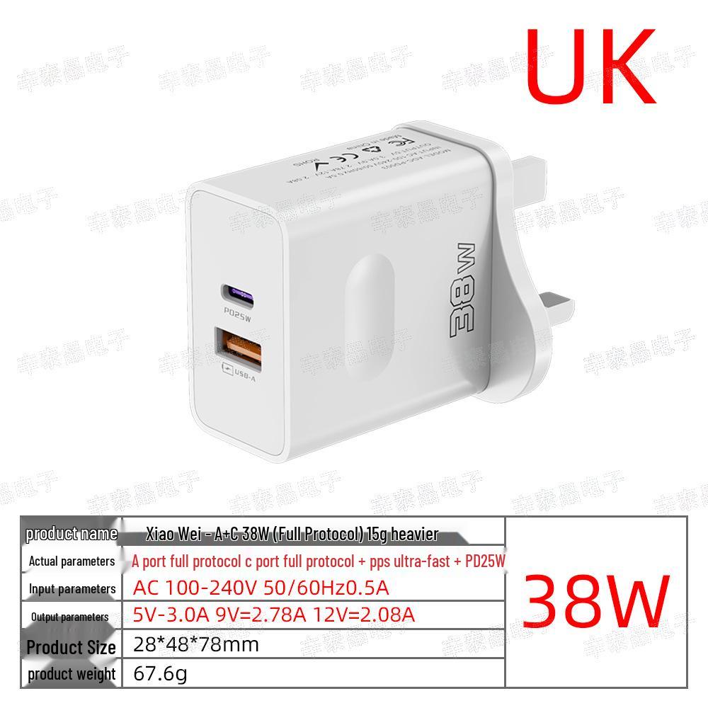 Быстрое зарядное устройство 38 Вт с двумя портами USB+PD и вилкой EU/US/UK