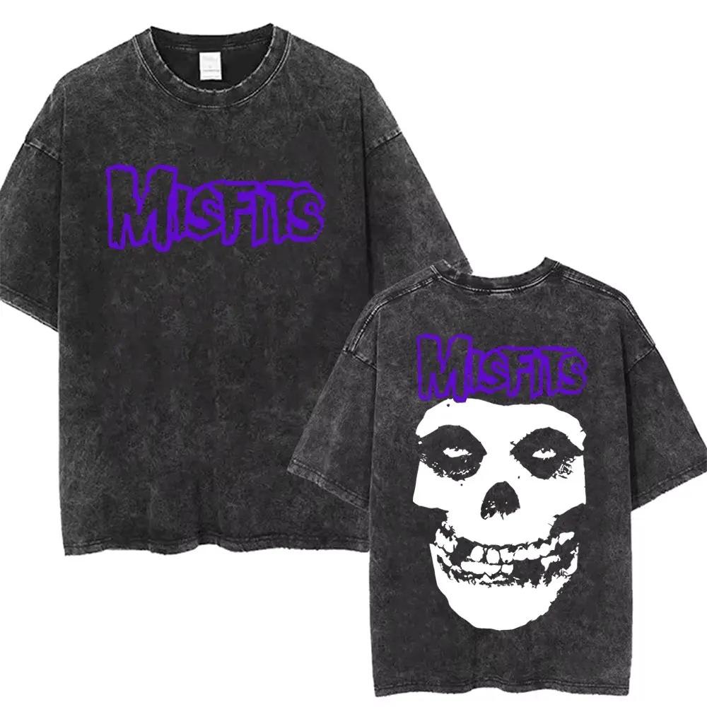 Washed Punk Graphic Fashion Casual Hardcore Skull T-Shirt Horror Men'S And Women'S T-Shirt Vintage Band Fit T