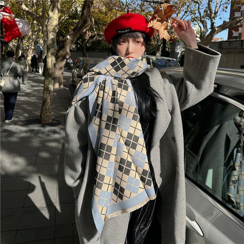 2024 Autumn/Winter New Color Blocked Imitation Cashmere Women'S Tassel Shawl Thickened Warm Double Sided Jacquard Wool Scarf