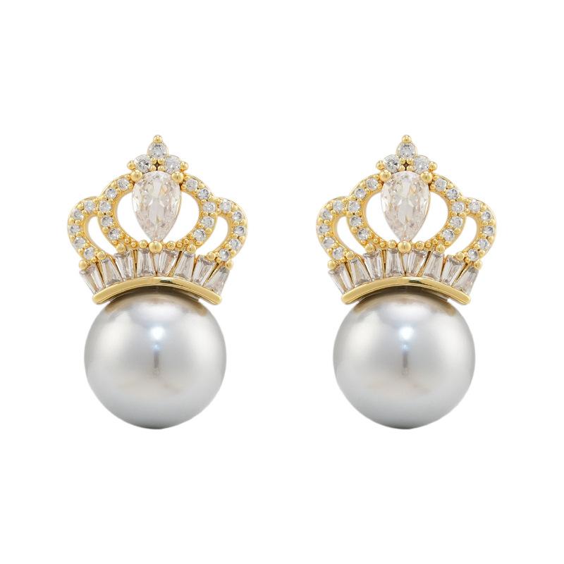 Full Diamond Zircon Crown Pearl Stud Earrings Light Luxury High-End Temperament Earrings Women'S French Small Exquisite Earrings