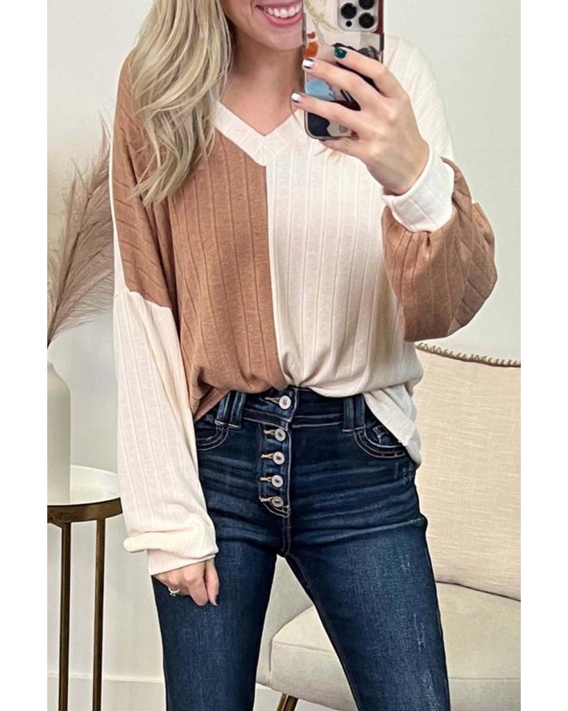 Azura Exchange Apricot Color Block Wide Ribbed V Neck Top