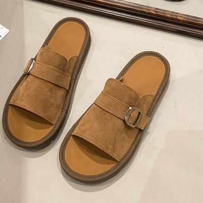 Модные женские сандалии на плоской подошве, летний новый стиль, круглый носок, открытый носок, коровья замша, металлическая пряжка, мягкая подошва, противоскользящие, износостойкие шлепанцы