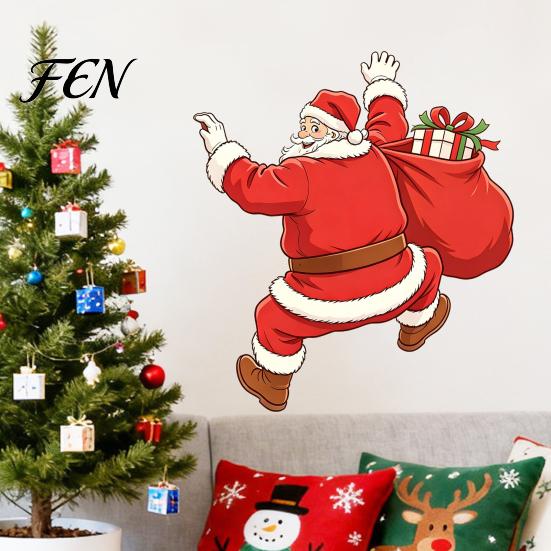 Christmas Room Ornament Wall Sticker, Self?Adhesive Climbing Santa Claus Decals, Funny DIY Scene Decor Holiday Mural for Living Entryway Decals