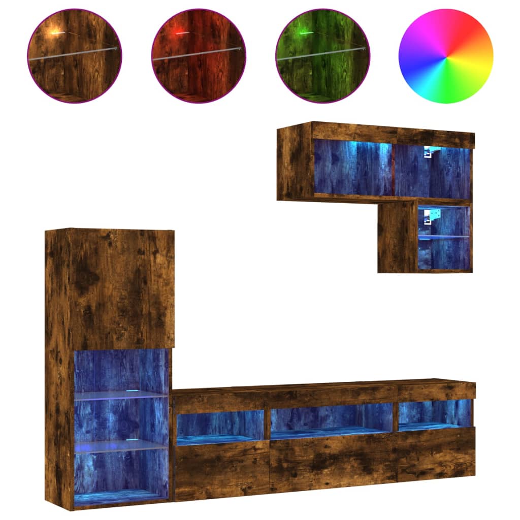 6 piece living wall unit with LED lighting smoked oak wood based material